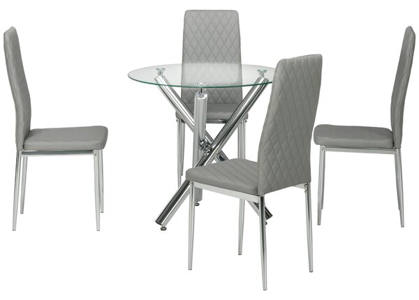 Set da Pranzo Tavolo Rotondo in Vetro e 4 Sedie in Similpelle Grigio