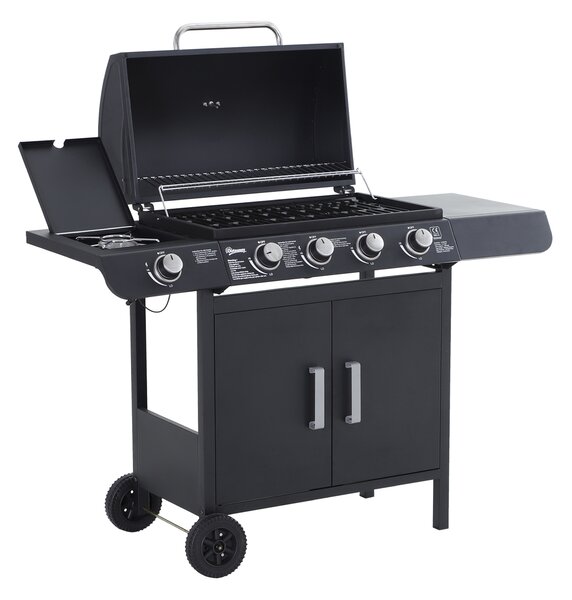 Outsunny Barbecue da giardino a Gas a 5 Fornelli con Ripiani Laterali e Armadietto, in Acciaio e PP, 125x51x100 cm, Nero | Aosom Italy