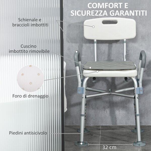 HOMCOM Sedia Doccia ad Altezza Regolabile con Braccioli e Cuscino Rimovibile 53.5x52x80-90 cm, Bianca|Aosom