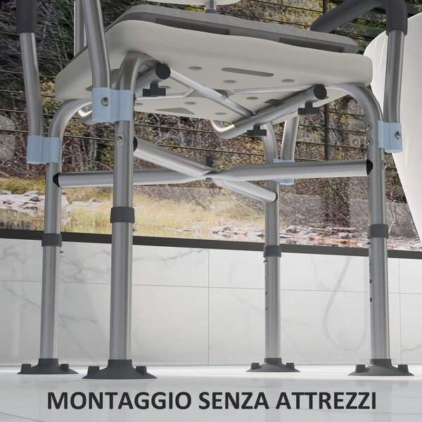 HOMCOM Sedia Doccia ad Altezza Regolabile con Braccioli e Cuscino Rimovibile 53.5x52x80-90 cm, Bianca|Aosom