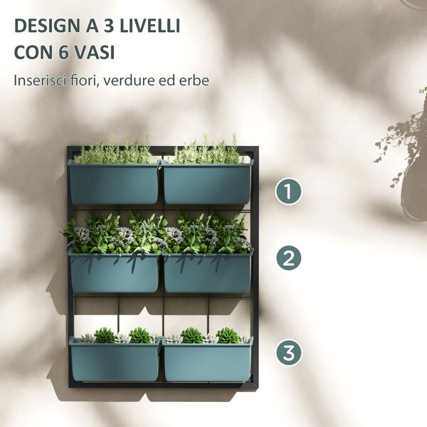 Outsunny Set di 6 Vasi Giardino su 3 Livelli, Orto Verticale in Acciaio e Plastica, 52x14x66cm, Verde Scuro|Aosom