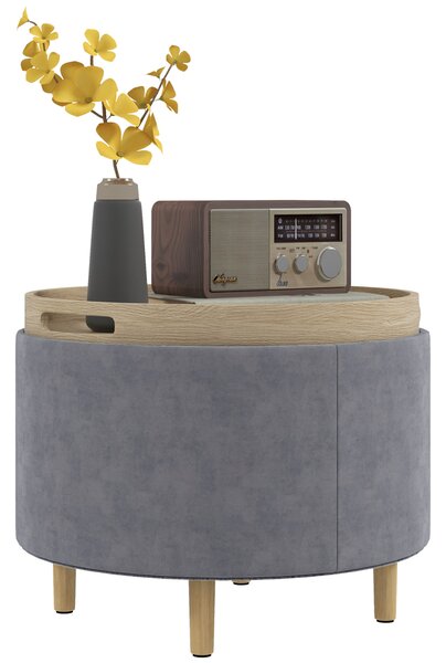 HOMCOM Pouf Contenitore Vellutato da 120 kg max con Vassoio a Ribalta, in MDF e Rovere, 56x56x42 cm, Grigio|Aosom