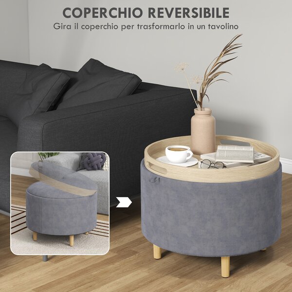 HOMCOM Pouf Contenitore Vellutato da 120 kg max con Vassoio a Ribalta, in MDF e Rovere, 56x56x42 cm, Grigio|Aosom