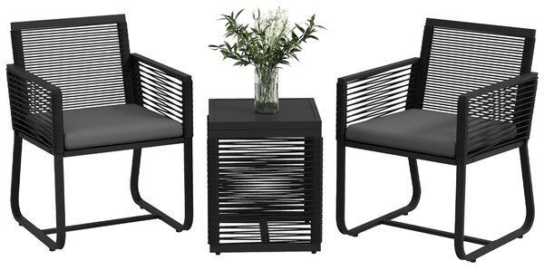 Outsunny Set da Giardino in Rattan con 2 Poltroncine con Cuscini e Tavolino da Caffè in Vetro, Nero|Aosom
