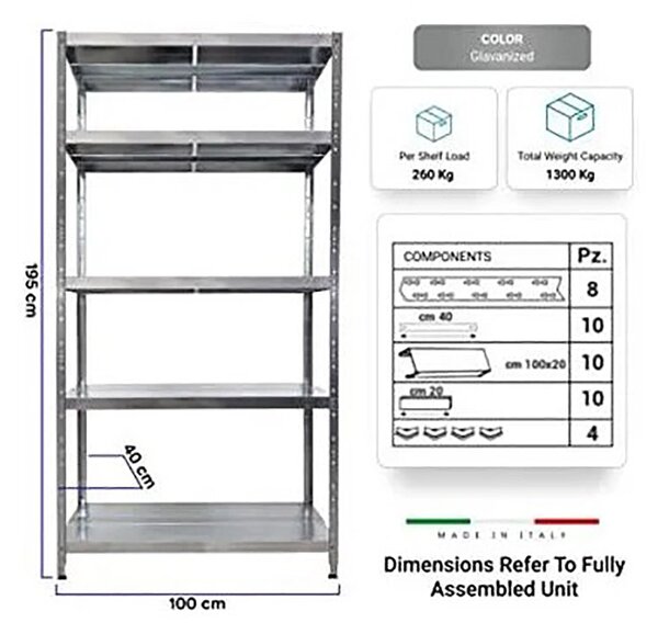 Scaffale in Metallo 5 Ripiani 100x40x195 cm Maciste Zincato