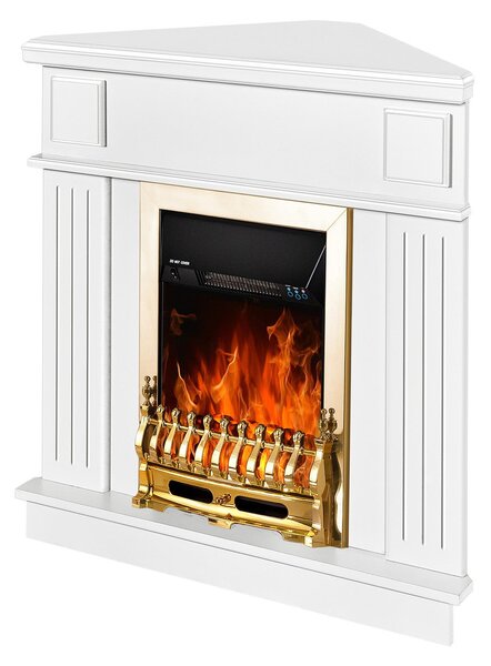 Camino Elettrico da Pavimento ad Angolo 100x100x50 cm Effetto Fiamma 2000W Marina & Galileo Gold Bianco