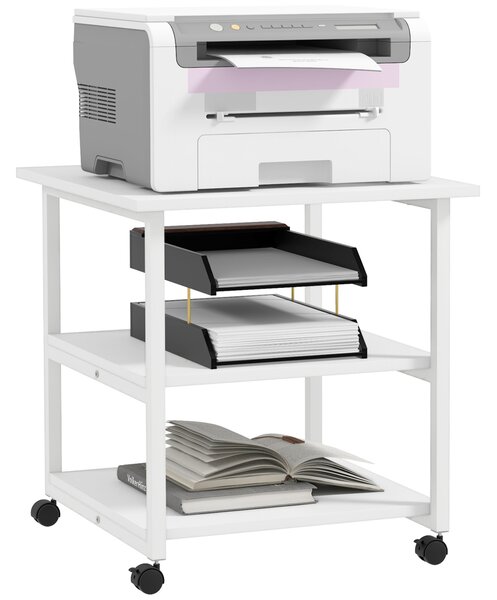 HOMCOM Carrello salvaspazio Porta Stampante a 3 Ripiani, mobile da ufficio con 4 Ruote, Legno e Acciaio, 50x50x52.5cm, Bianco|Aosom Italy