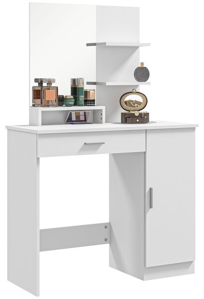 HOMCOM Tavolo per Trucco in Truciolato con Mobiletto, Cassetto, Ripiani Aperti e Specchio, 90x38x138 cm, Bianco|Aosom