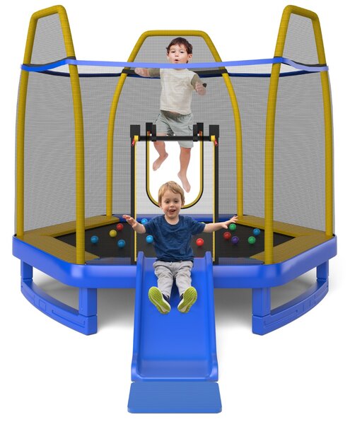 Costway Trampolino elastico per bambini con scivolo scaletta diametro 223cm, Saltarello con struttura in metallo Blu