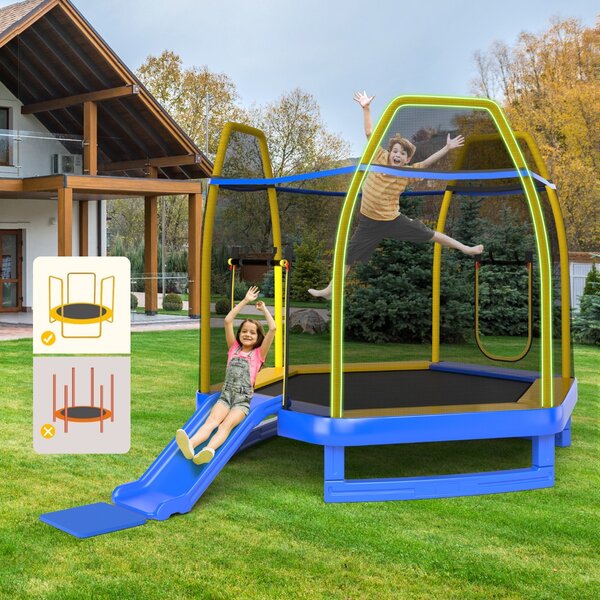 Costway Trampolino elastico per bambini con scivolo scaletta diametro 223cm, Saltarello con struttura in metallo Blu