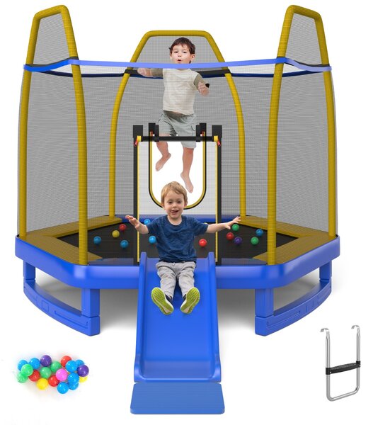 Costway Trampolino elastico per bambini con scivolo scaletta diametro 223cm, Saltarello con struttura in metallo Blu