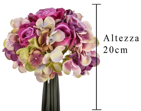 Set 3 Bouquet Artificiali Composto da 11 Fiori di Rose e Ortensie Altezza 20 cm Rosa