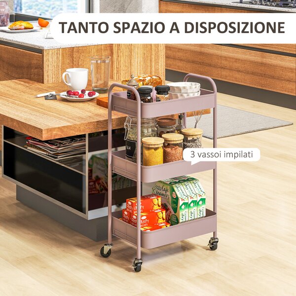 HOMCOM Carrello da Cucina a 3 Livelli con Maniglie e 4 Rotelle, in Acciaio, 45x30.6x79 cm, Rosa