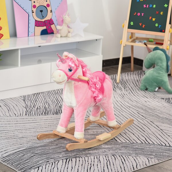 HOMCOM Cavallo a Dondolo per Bambini 36-72 Mesi, Unicorno a Dondolo con Suoni in Legno e Peluche Rosa, 74x33x62cm|Aosom