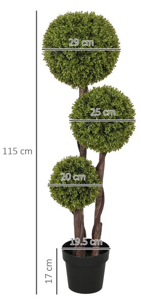 HOMCOM Pianta di Bosso Artificiale a 3 Sfere con Vaso Incluso e Fondo Rinforzato, Altezza 115 cm