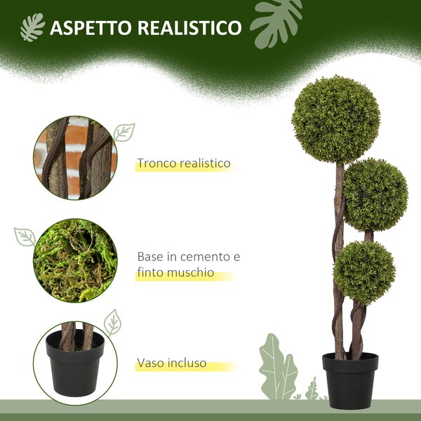 HOMCOM Pianta di Bosso Artificiale a 3 Sfere con Vaso Incluso e Fondo Rinforzato, Altezza 115 cm