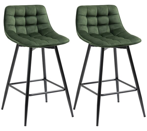 Set 2 Sgabelli da Bar con Schienale e Poggiapiedi 45x47x88 cm in Metallo e Velluto Verde