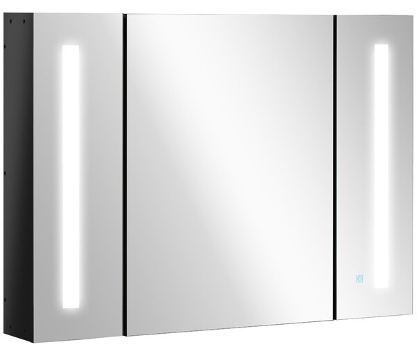 Armadietto a Specchio per Bagno 3 Ante 90x15x65 cm con Luce LED Nero