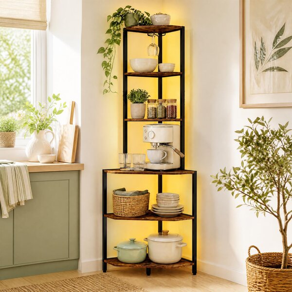 Costway Scaffale angolare a 6 ripiani 165 cm illuminazione a led regolabile, Mobile multiuso per cucina soggiorno e camera da letto