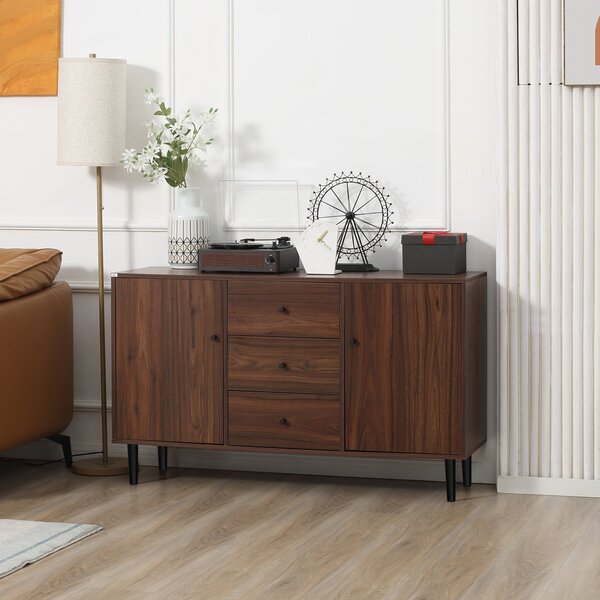 Credenza Moderna per Soggiorno 127x40x76 cm 2 Armadietti e 3 Cassetti in Truciolato e Legno Marrone