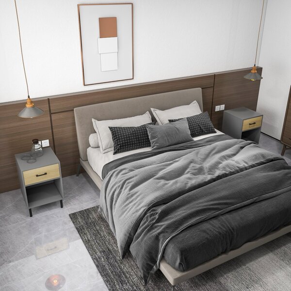 Set 2 Comodini 40x40Px60 cm in Metallo e Truciolato Grigio e Rovere