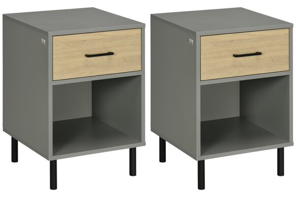 Set 2 Comodini 40x40Px60 cm in Metallo e Truciolato Grigio e Rovere