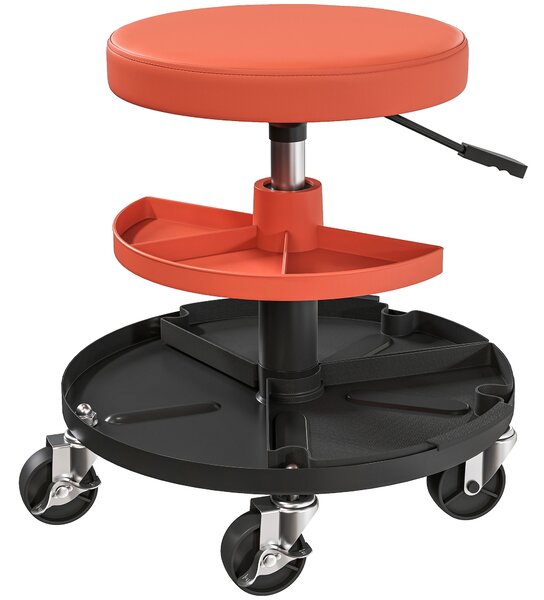 Sgabello da Officina con Ruote 6 cm 38x38x40-51 cm Capacità 135 kg con Vassoi Porta Utensili in Acciaio Arancione
