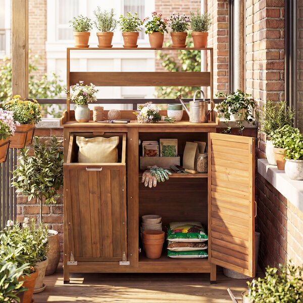 Costway Mobiletto legno giardinaggio patio esterno ripiano regolabile, Mobiletto contenitore ribalta workstation piantare porta prato
