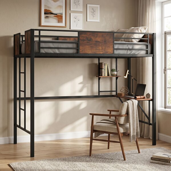 Costway Letto a soppalco metallo salvaspazio scrivania libreria, Letto rialzato sponda rialzata doghe scala 3 gradini industriale