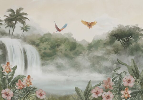 Carta da parati murale Cascata con uccelli in volo, Carta da parati popolare, Carta da parati popolare, w02127 - Muralas.it
