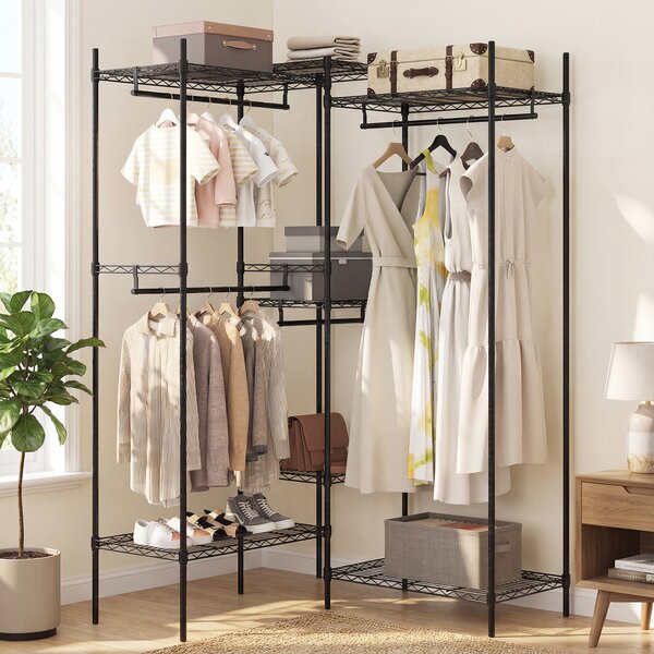 Costway Stand appendiabiti convertibile L orizzontale 7 ripiani regolabili metallo, Stand 4 bastoni portata 530 kg installazione mobile abiti Nero