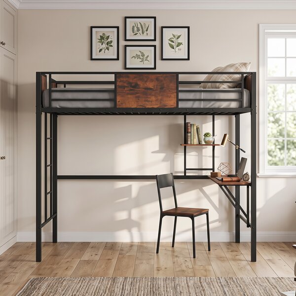 Costway Letto a soppalco metallo salvaspazio scrivania libreria, Letto rialzato sponda rialzata doghe scala 3 gradini industriale