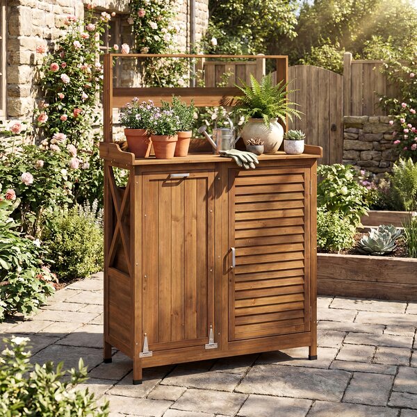 Costway Mobiletto legno giardinaggio patio esterno ripiano regolabile, Mobiletto contenitore ribalta workstation piantare porta prato