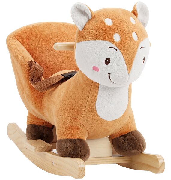 Cavallo a Dondolo per Bambini 1-3 Anni 60x32x49 cm a Forma di Cerbiatto Maculato con Suoni Realistici in Legno e Peluche Marrone Rossiccio