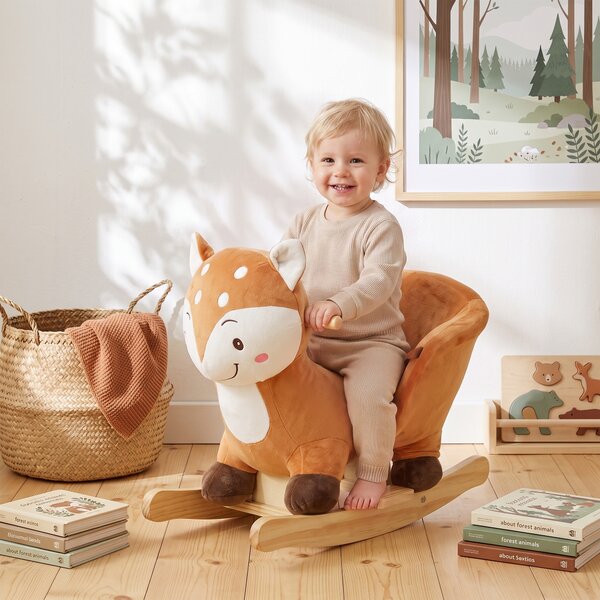 Cavallo a Dondolo per Bambini 1-3 Anni 60x32x49 cm a Forma di Cerbiatto Maculato con Suoni Realistici in Legno e Peluche Marrone Rossiccio