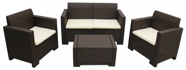 Set Salotto da Giardino Divano 2 Poltrone e Tavolino con Cuscini in Plastica Marrone