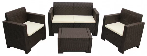 Set Salotto da Giardino Divano 2 Poltrone e Tavolino con Cuscini in Plastica Marrone