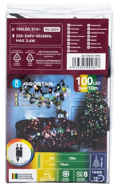 Aigostar - Catena luminosa natalizia LED per esterni 100 LED, 8 funzioni, 13 m, IP44, multicolore