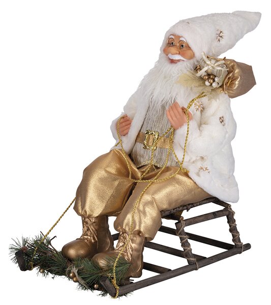 Pupazzo Babbo Natale H60 cm con Slitta e Led in Stoffa Oro e Bianco