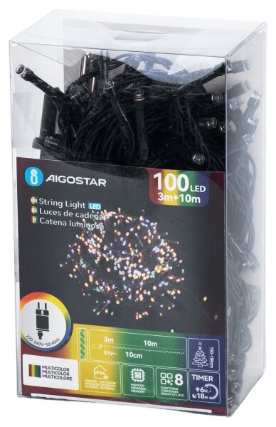 Aigostar - Catena luminosa natalizia LED per esterni 100 LED, 8 funzioni, 13 m, IP44, multicolore