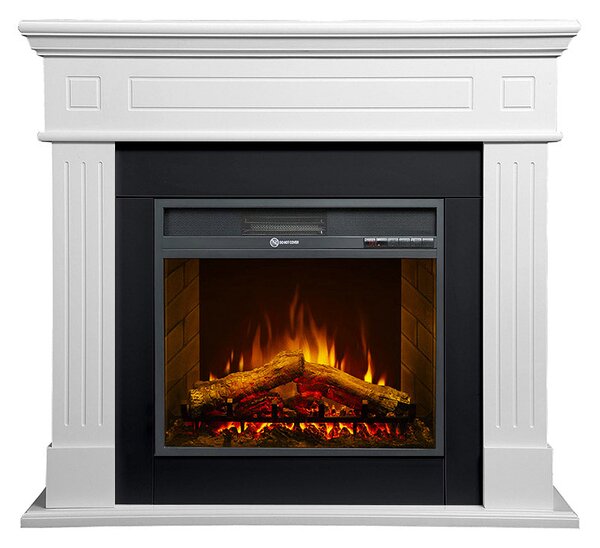 Camino Elettrico da Pavimento Effetto Fiamma 110x25x95 cm 900W/1800W in Legno Bianco