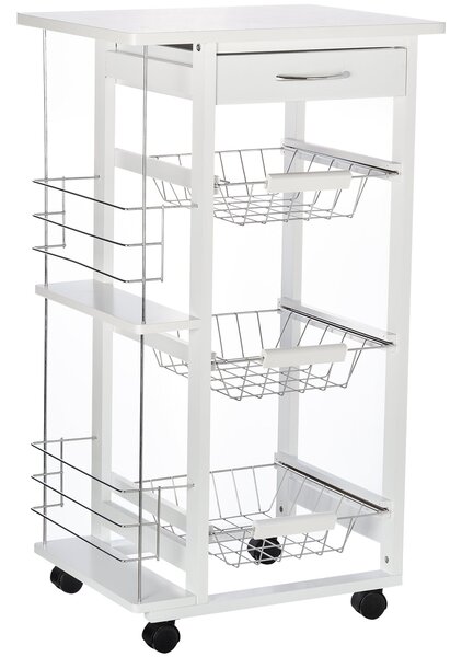 Carrello da Cucina 47x37x83 cm 3 Cesti 2 Portabottiglie Bianco