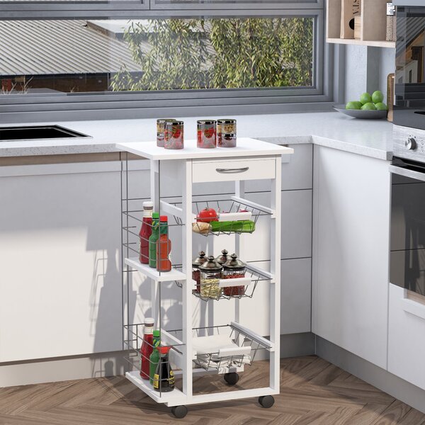 Carrello da Cucina 47x37x83 cm 3 Cesti 2 Portabottiglie Bianco