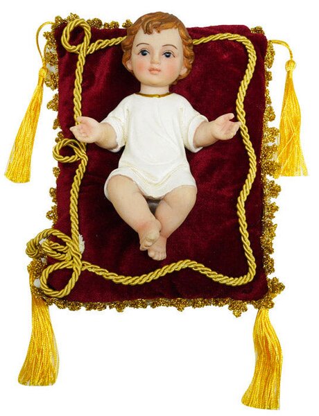 Gesù Bambino 15 cm in Resina con Cuscino Rosso