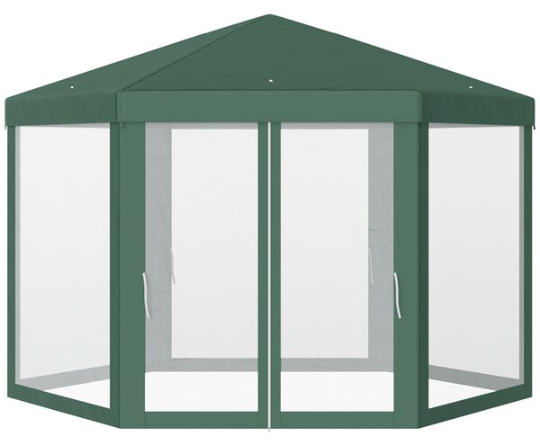 Gazebo Esagonale 3,9x2,5 m con Zanzariere in Ferro e Poliestere Verde
