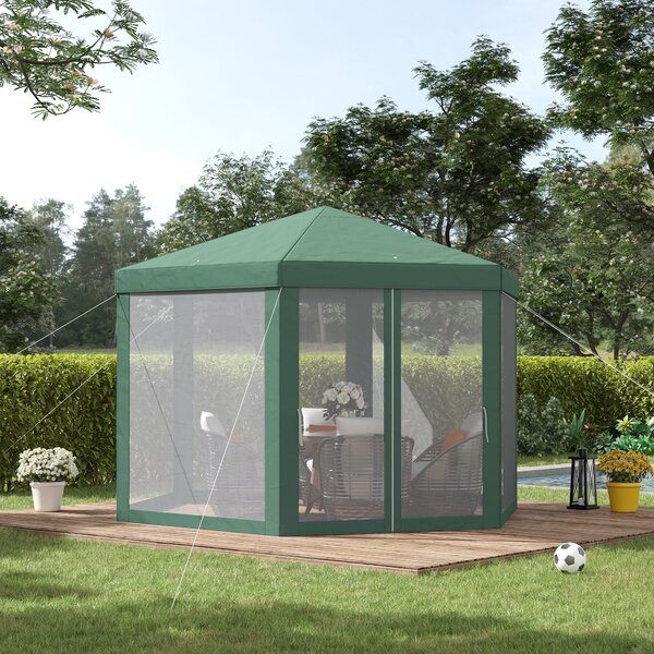 Gazebo Esagonale 3,9x2,5 m con Zanzariere in Ferro e Poliestere Verde
