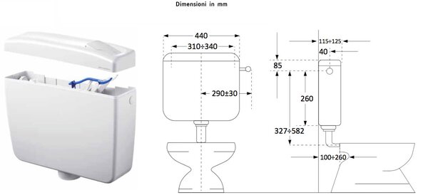 Cassetta WC a Zaino con 2 Pulsanti 44,5x14x38 cm Forlani Maxima 2 Bianca