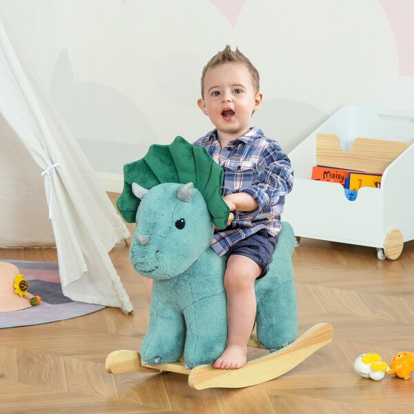 Cavallo a Dondolo per Bambini 3-6 Anni 64x30x54 cm a Forma di Triceratopo con Suoni Realistici in Peluche Verde Scuro