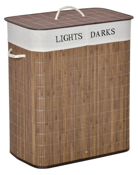 Cesto per Biancheria 2 Scomparti 52x32x63 cm con Coperchio e Maniglie Marrone