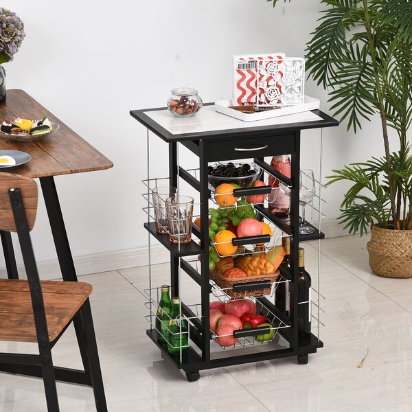 Carrello da Cucina con 4 Cestini e 4 Scomprati in Legno di Pino 57x37x83 cm Nero